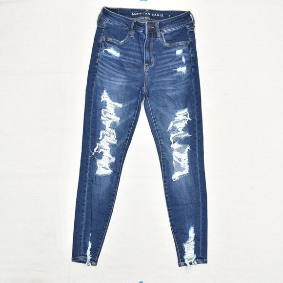American Eagle Women Cotton Blue Size 2 Short Hi Rise Jegging Skinny Distressed - Picture 2 of 8